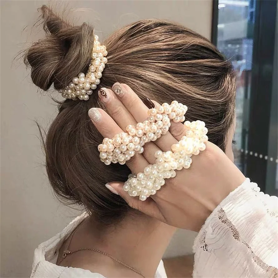 Woman Elegant Pearl Hair Ties  - Silicone Band Women のレビューと価格