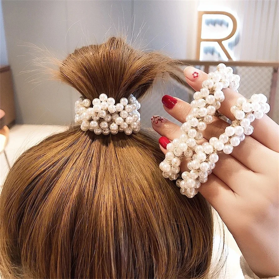 Woman Elegant Pearl Hair Ties  - Silicone Band Women のレビューと価格